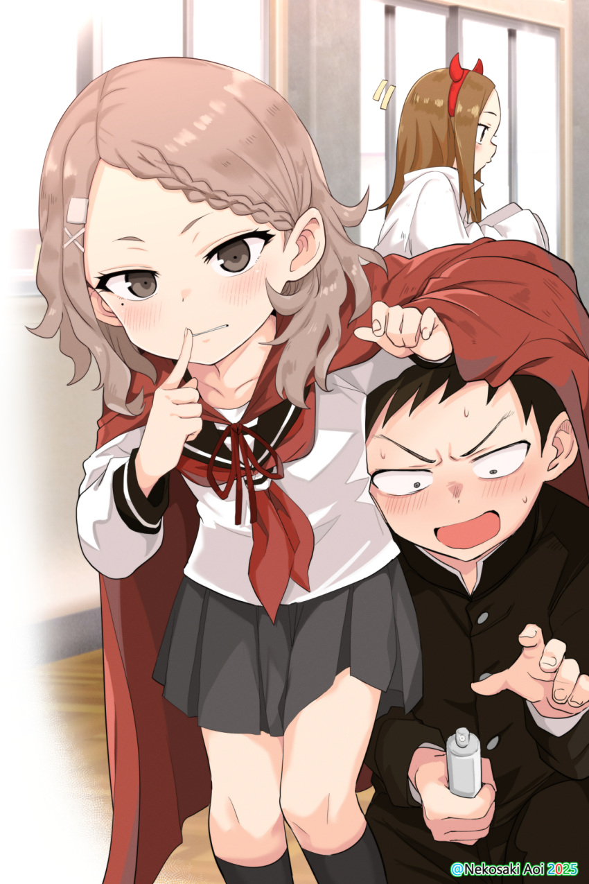 1boy, 2girls, black_hair, blush, braid, brown_eyes, brown_hair, cape