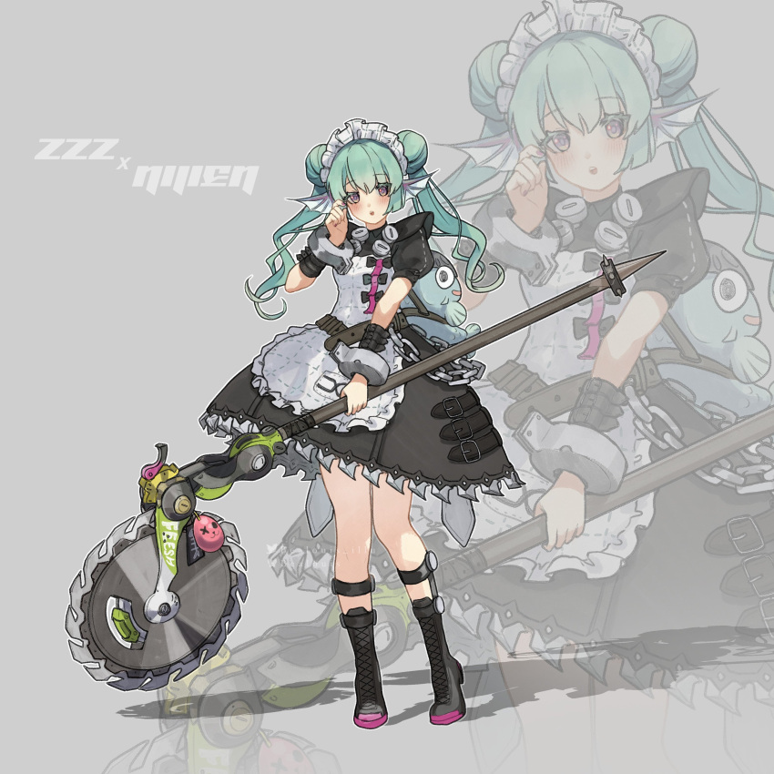 1girl, :o, absurdres, aqua_hair, bealouis_illu, blush, circular_saw, copyright_name, corin_wickes, corin_wickes_(cosplay), cosplay, cuffs, double_bun, finana_ryugu, fins, full_body, grey_background, hair_bun, head_fins, highres, holding, holding_weapon, looking_at_viewer, maid, maid_headdress, nijisanji, nijisanji_en, ryuguard_(finana_ryugu), saw, shackles, twintails, violet_eyes, virtual_youtuber, weapon, zenless_zone_zero, zoom_layer
