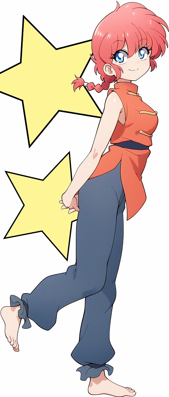 1girl, arms_behind_back, barefoot, blue_eyes, braid, braided_ponytail, breasts, chinese_clothes
