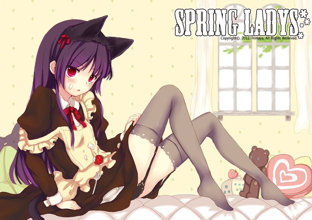 alternate_legwear, animal_ears, black_hair, black_legwear, black_thighhighs, cat_ears, cat_tail, garter_belt