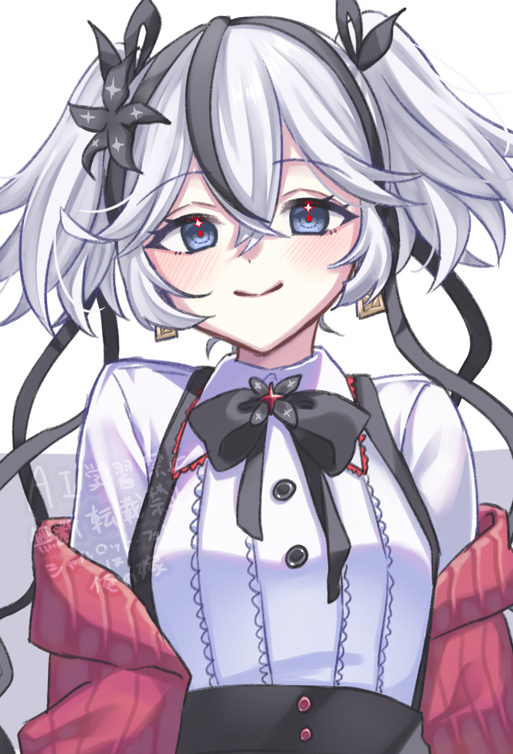 1girl, black_bow, black_bowtie, black_eyes, black_flower, black_suspenders, blake_bloom_(wuthering_waves), bow