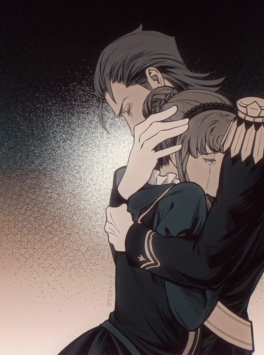 1boy, 1girl, ace_attorney, black_dress, black_hair, black_hairband, black_jacket, brown_hair, bun_with_braided_base, chinese_commentary, closed_eyes, commentary_request, crying, dress, epaulettes, gloves, hair_bun, hairband, hand_on_another's_head, highres, hug, jacket, kaze_(yznyttdgs), klint_van_zieks, lady_baskerville, long_sleeves, short_hair, single_hair_bun, the_great_ace_attorney, variant_set, white_gloves