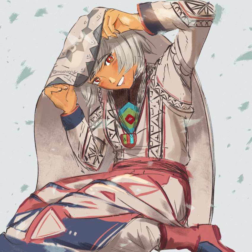 altera_(fate), amir_halgal, amir_halgal_(cosplay), blush, boots, cosplay, dark-skinned_female, dark_skin, dress, eyebrows_hidden_by_hair, fate/grand_order, fate_(series), fingernails, highres, holding_veil, jewelry, kazakh_clothes, looking_at_viewer, mashinrul, necklace, otoyomegatari, red_boots, red_eyes, short_hair, simple_background, sitting, smile, solo, teeth, veil, white_dress, white_hair