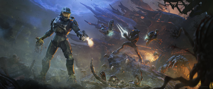 1boy, 2204design, absurdres, alien, arbiter, armor, bug, fighting