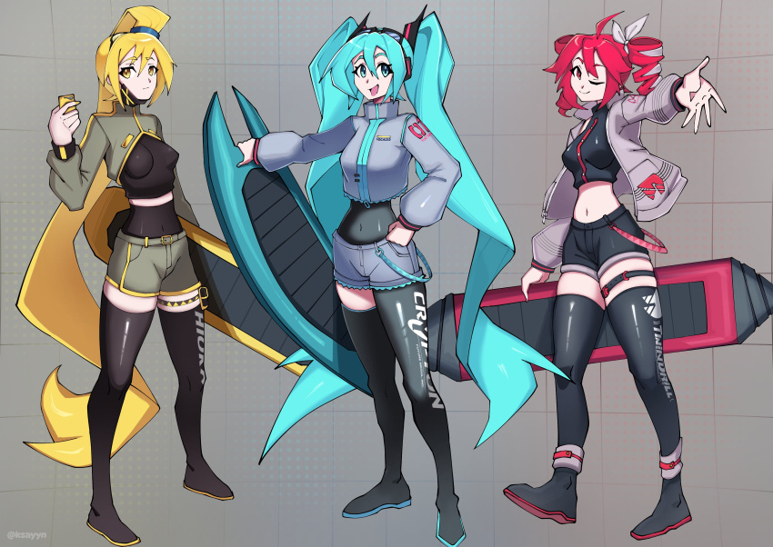 3girls, absurdres, ahoge, akita_neru, alternate_costume, black_boots, black_shorts, black_thighhighs