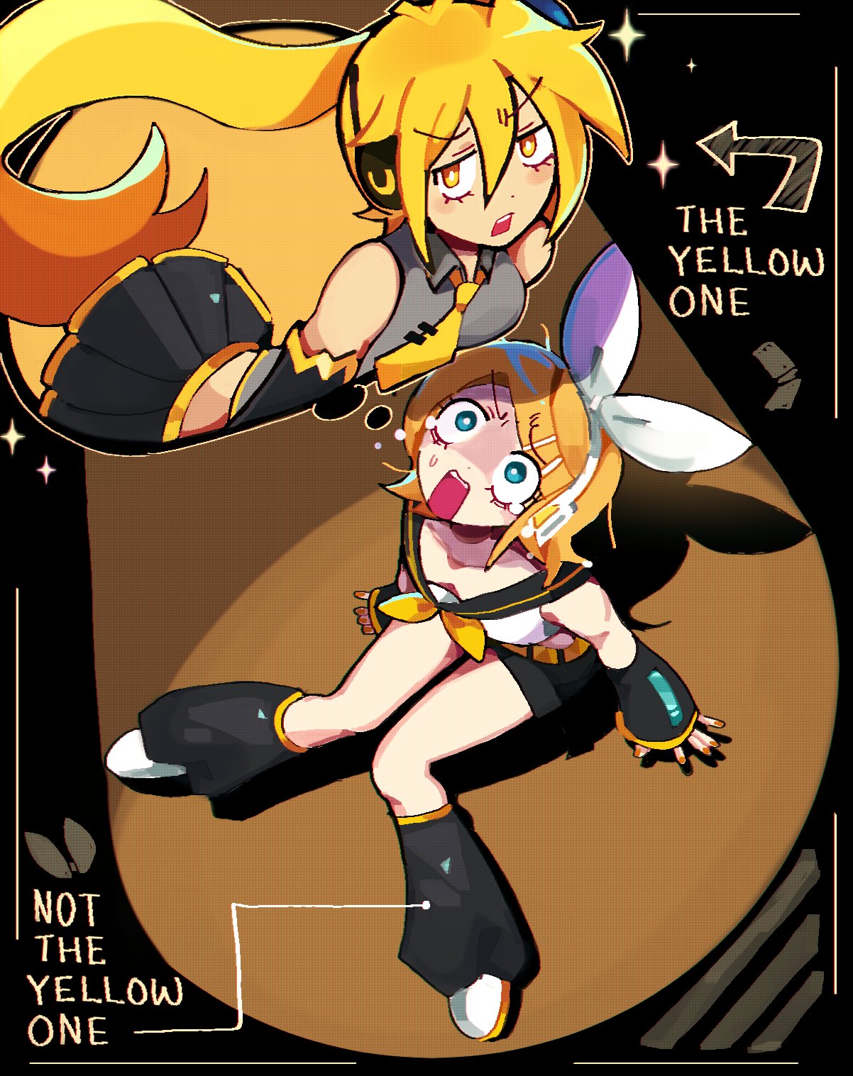 2girls, akita_neru, black_leg_warmers, black_shorts, blonde_hair, blue_eyes, boots, bow, breasts, detached_sleeves, english_commentary, english_text, grey_shirt, hair_bow, hair_ornament, hairclip, headset, highres, kagamine_rin, leg_warmers, long_hair, looking_at_another, looking_at_viewer, medium_breasts, miniskirt, multiple_girls, necktie, on_floor, open_mouth, pleated_skirt, sailor_collar, shirt, short_hair, shorts, side_ponytail, skirt, sleeveless, sleeveless_shirt, small_breasts, speech_bubble, spotlight, star_(symbol), surprised, teeth, thighs, thought_bubble, treble_clef, upper_teeth_only, vocaloid, white_boots, white_bow, wide-eyed, yellow_eyes, yellow_necktie, yumeyuk0