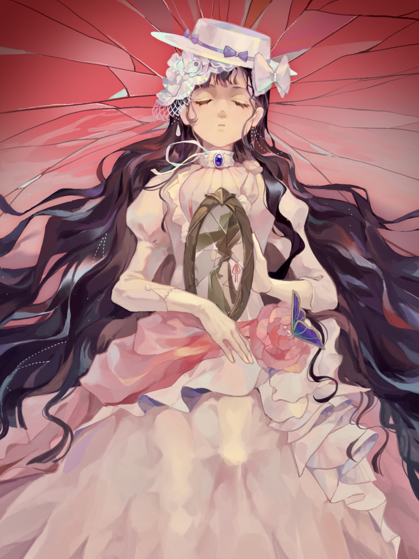 1girl, black_hat, bow, broken_mirror, closed_eyes, cracked_background, dress, facing_viewer