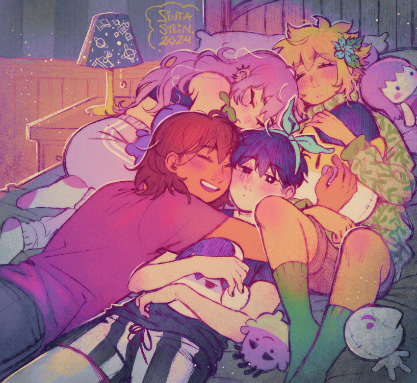 1girl, 2024, 3boys, :d, ^_^, alternate_costume, antenna_hair, aqua_hairband