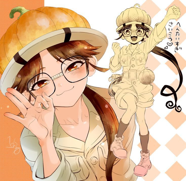 1girl, :3, arm_up, black_socks, blush, boots, brown_eyes, brown_hair, chelsea_(dr._stone), closed_mouth, dr._stone, glasses, hand_up, jacket, long_hair, long_sleeves, looking_at_viewer, non-web_source, open_mouth, ponytail, pumpkin_hat, shorts, smile, socks, very_long_hair, white_background, white_jacket, white_shorts