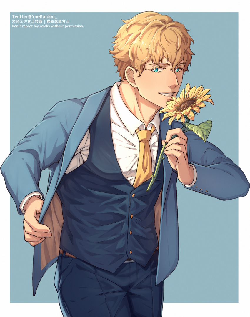1boy, aquiline_nose, arthur_pendragon_(fate), blonde_hair, blue_background, blue_jacket, blue_vest, border