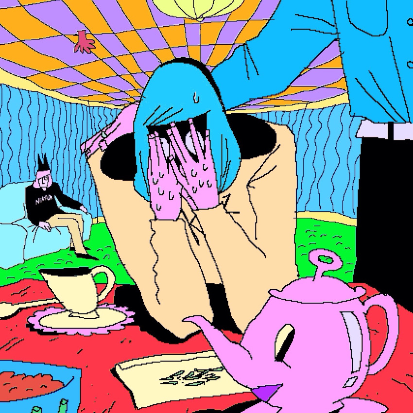 3boys, animal_ears, blue_hair, checkered_ceiling, colorful, couch, cup, fake_animal_ears