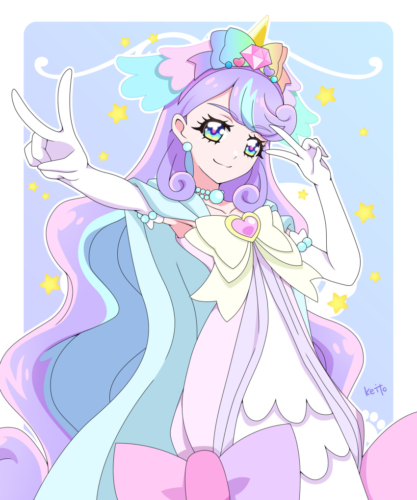 1girl, absurdres, armpit_peek, artist_name, blue_background, blue_sleeves, border, bow