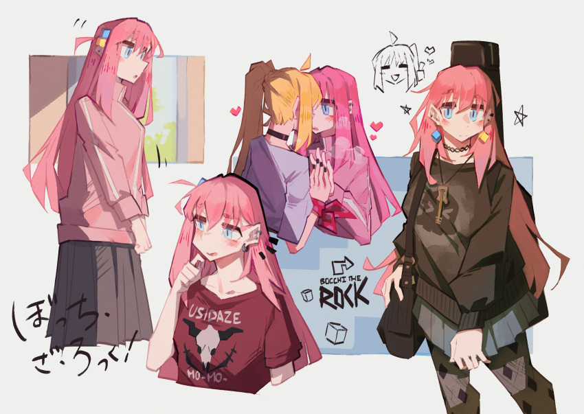 2girls, ahoge, black_choker, black_nails, black_pantyhose, black_sweater, blonde_hair, blue_eyes