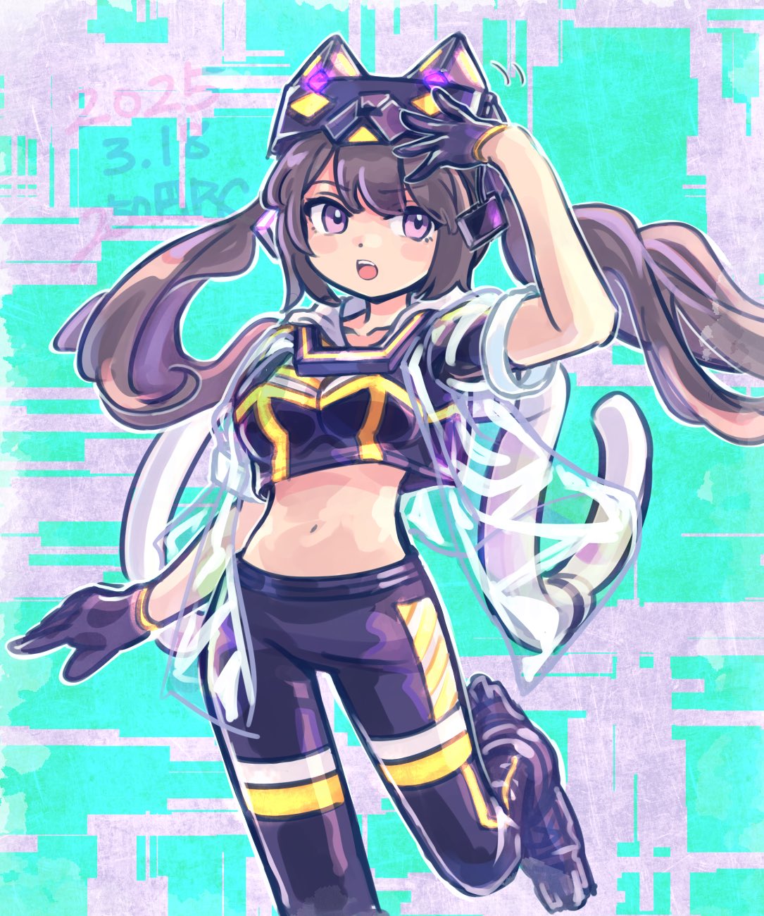 1girl, 250en_remon, black_pants, black_shirt, breasts, brown_hair, cowboy_shot, cropped_shirt
