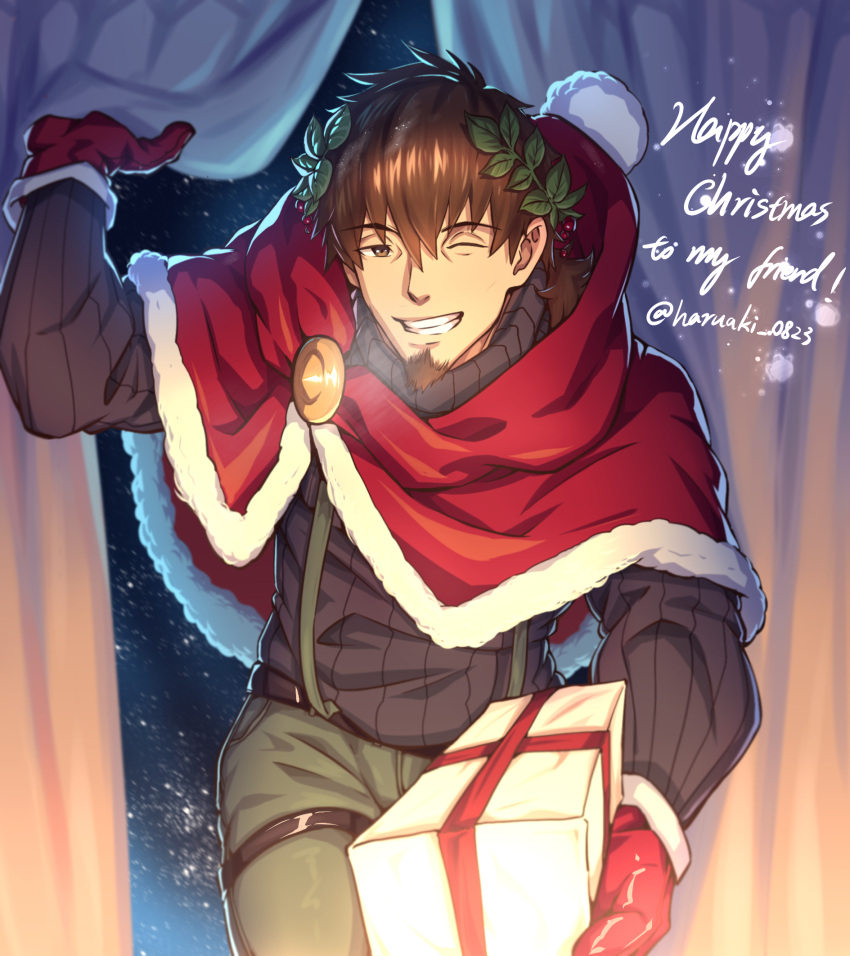 1boy, capelet, facial_hair, fate/grand_order, fate_(series), fur-trimmed_capelet, fur_trim, gift