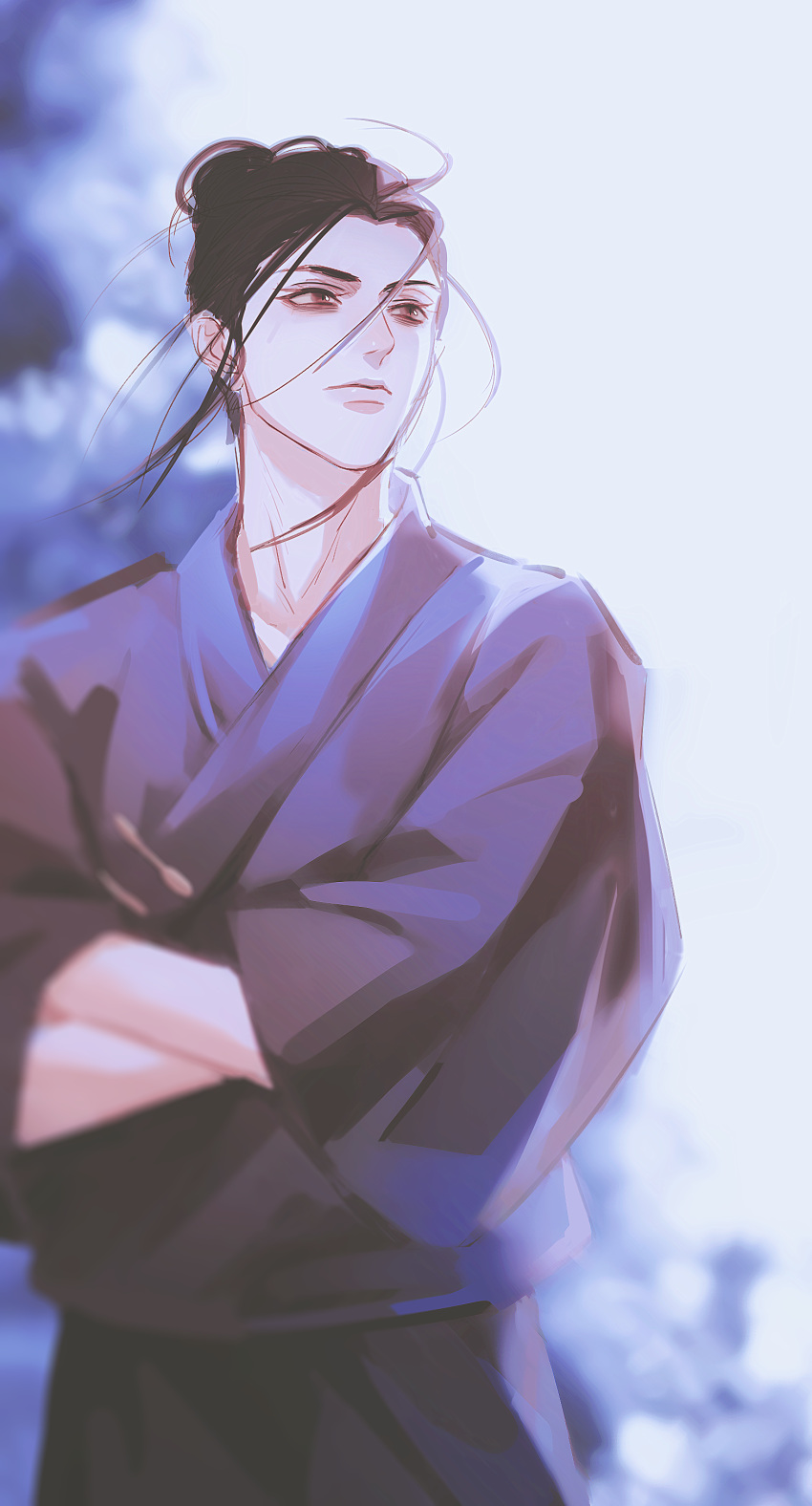 1boy, absurdres, black_eyes, black_hair, blue_hanfu, blurry, blurry_background, brown_eyes, chinese_clothes, closed_mouth, cowboy_shot, crossed_arms, depth_of_field, hair_bun, hair_pulled_back, hanfu, highres, long_hair, long_sleeves, looking_to_the_side, male_focus, outdoors, single_hair_bun, solo, standing, upper_body, wang_ye, wide_sleeves, yiren_zhixia, zhuowang233