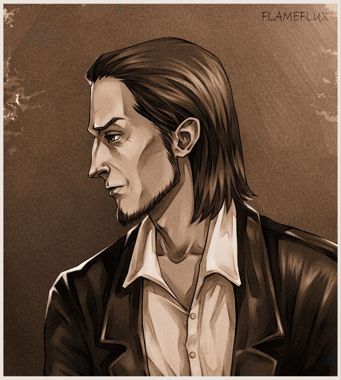 beard, brown_hair, character_name, facial_hair, flameflux, highres, jacket, kenny_(shingeki_no_kyojin), looking_to_the_side, male_focus, mature_male, medium_hair, open_clothes, open_jacket, picture_frame, portrait, profile, sepia, serious, shingeki_no_kyojin, simple_background, solo