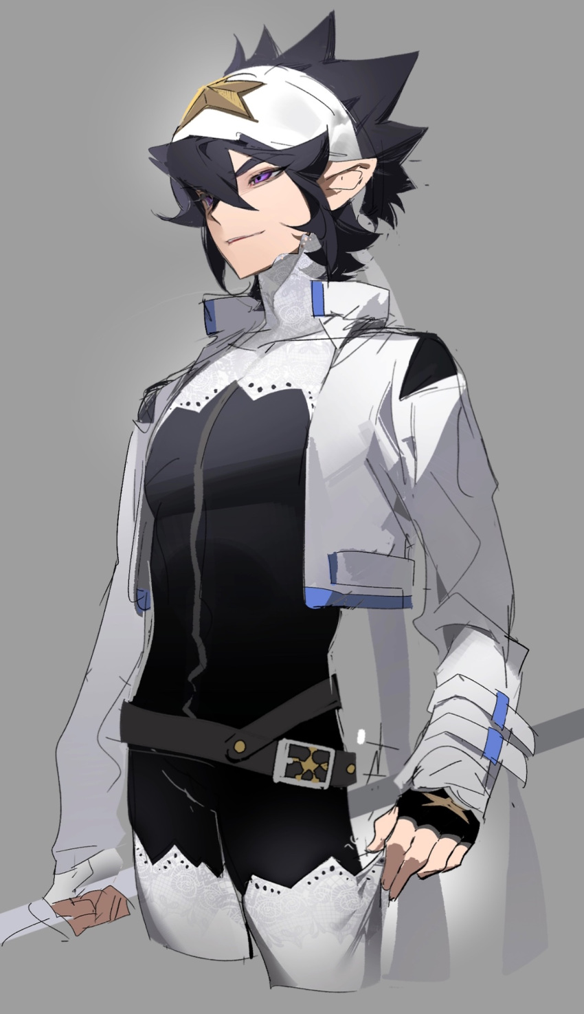 1boy, aotu_world, arm_belt, belt, black_gloves, black_hair, closed_mouth, cropped_jacket