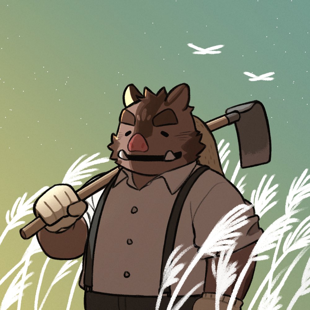 1boy, animal_ears, black_pants, boar_boy, boar_ears, brown_fur, closed_eyes, commentary_request