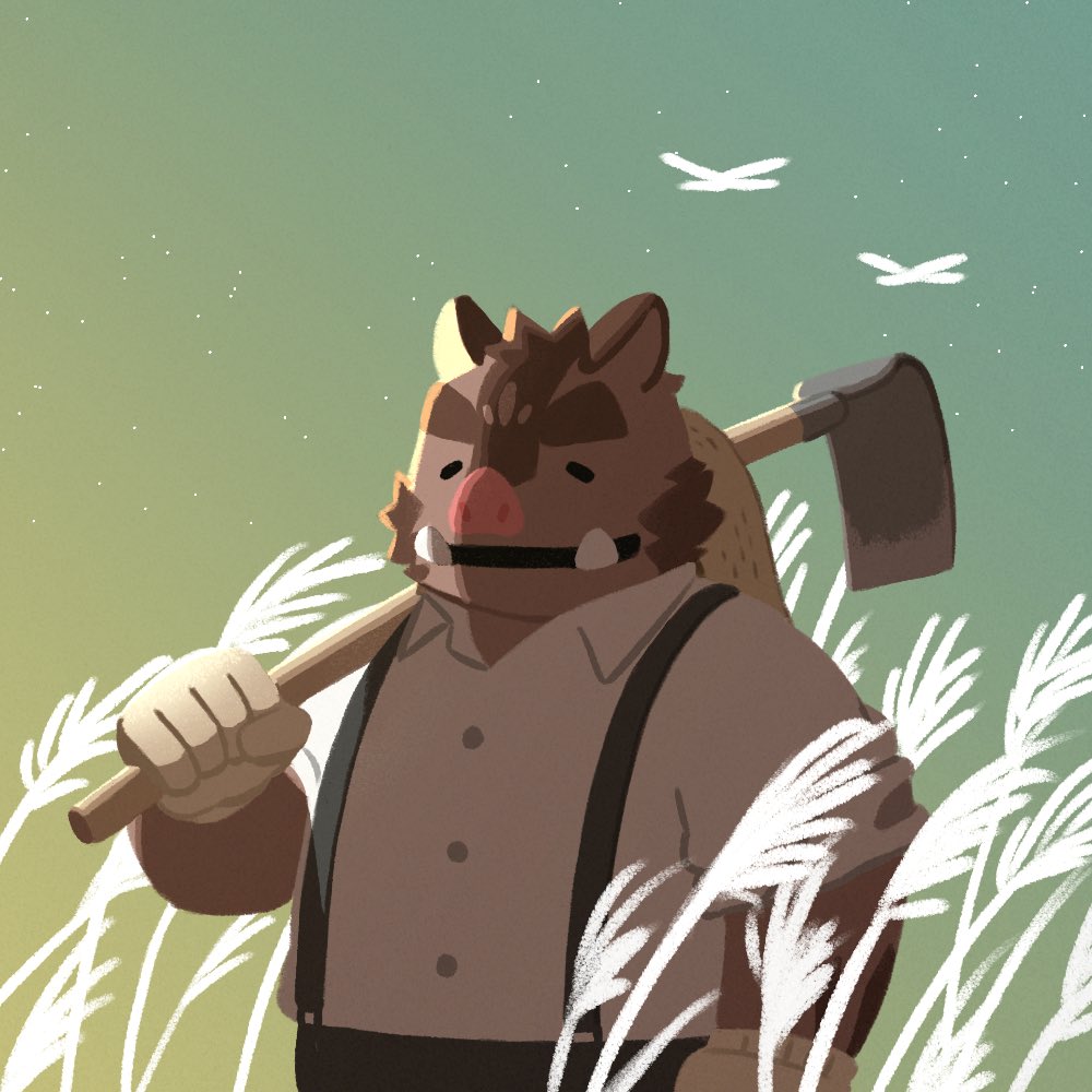 1boy, animal_ears, black_pants, boar_boy, boar_ears, brown_fur, closed_eyes, commentary_request