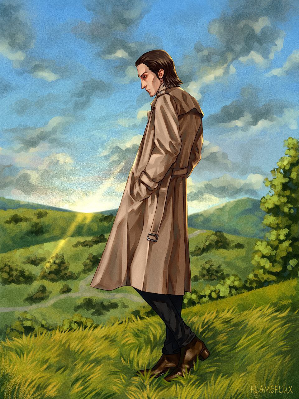 aged_down, black_coat, boots, brown_boots, brown_coat, brown_hair, character_name, coat