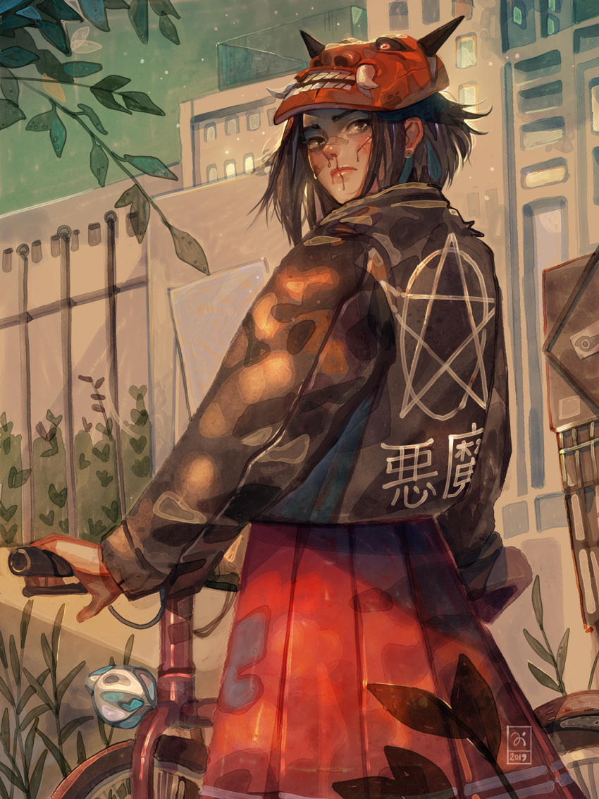 1girl, artist_logo, bandaid, bandaid_on_face, bandaid_on_nose, bicycle, black_hair, black_jacket