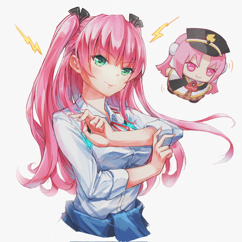 1girl, aikawa_megumi, breasts, character_doll, clothes_around_waist, green_eyes, hat, heaven_burns_red, highres, jacket, lightning_bolt_symbol, long_hair, pink_hair, ribbon, sail_678, shirt, solo, twintails, two_side_up, white_shirt