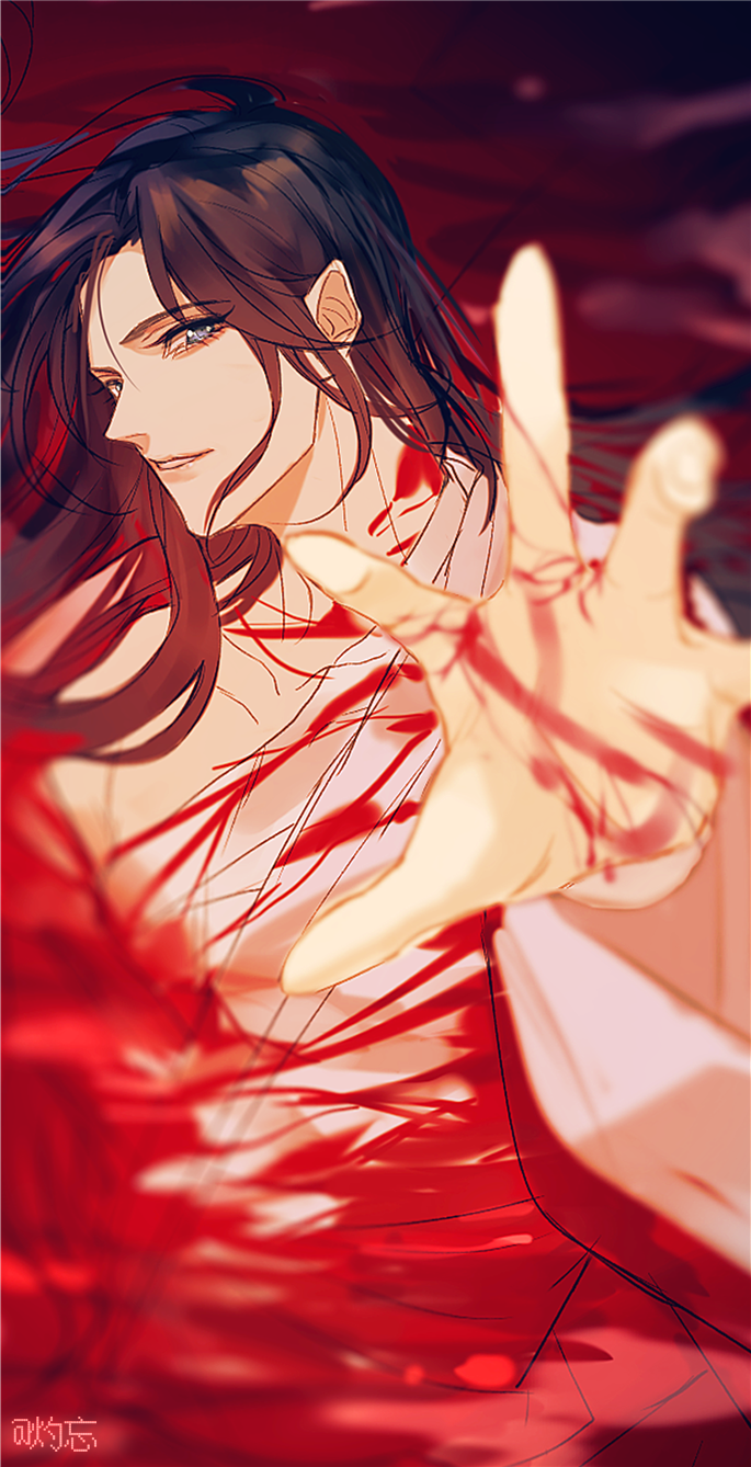 1boy, artist_name, bishounen, black_hair, blood, blurry, brown_hair, chinese_clothes