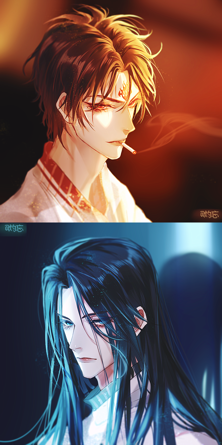 2boys, artist_name, bishounen, black_hair, blue_eyes, brown_hair, cigarette, closed_mouth
