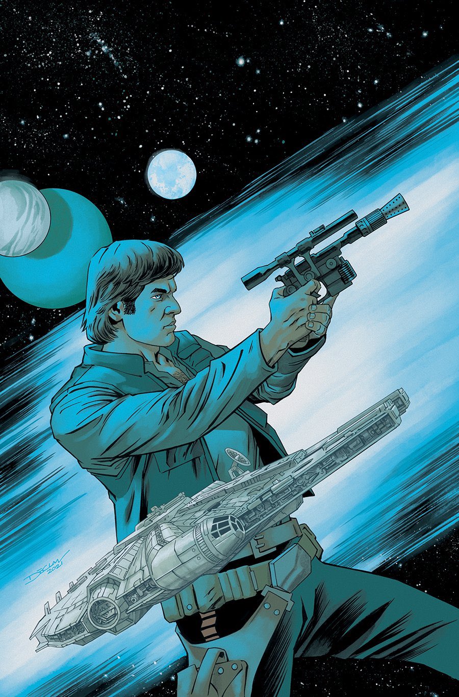 1boy, aiming, black_pants, blue_eyes, brown_hair, declan_shalvey, from_side, grey_jacket