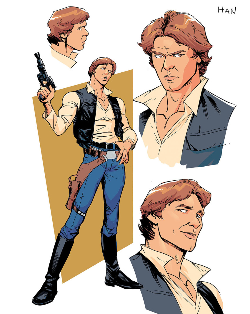 1boy, black_boots, black_vest, blue_pants, boots, brown_eyes, brown_hair, collared_shirt, gun, han_solo, highres, holding, holding_gun, holding_weapon, holster, ivan_fiorelli, male_focus, multiple_views, open_clothes, open_vest, pants, reference_sheet, shirt, short_hair, star_wars, thigh_holster, vest, weapon, white_shirt