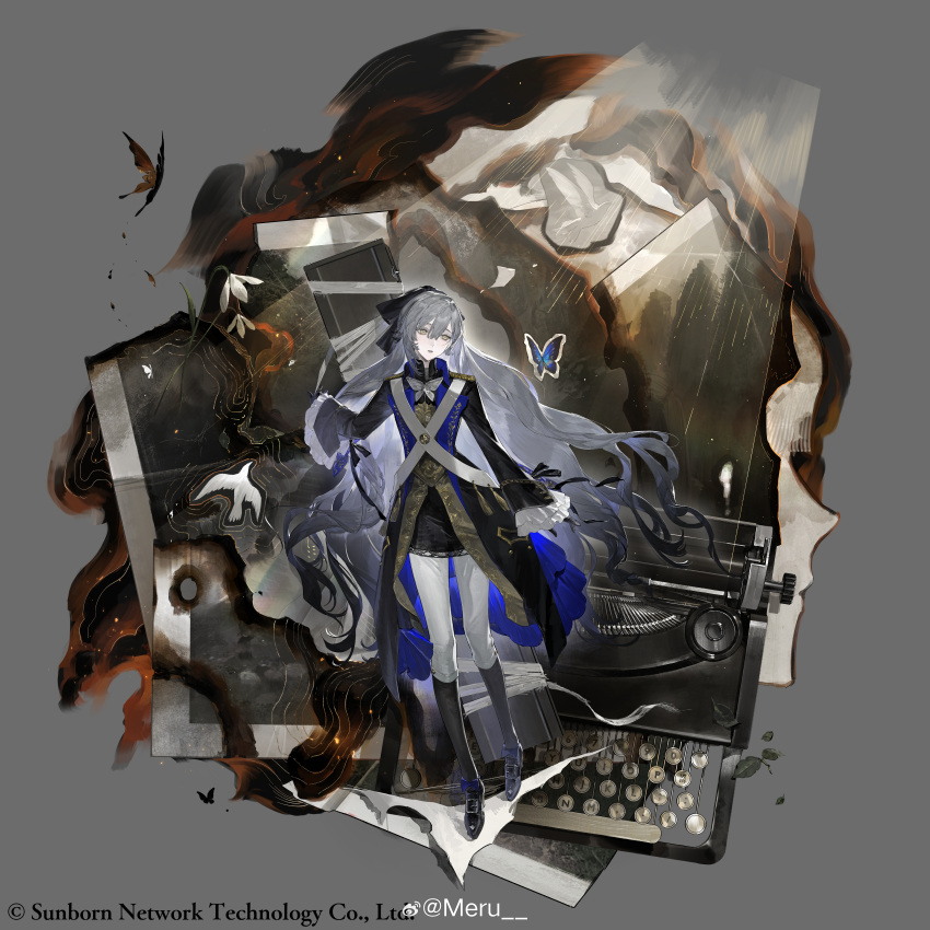 1girl, absurdres, black_coat, black_shoes, breeches, bug, butterfly, clotho_(neural_cloud)