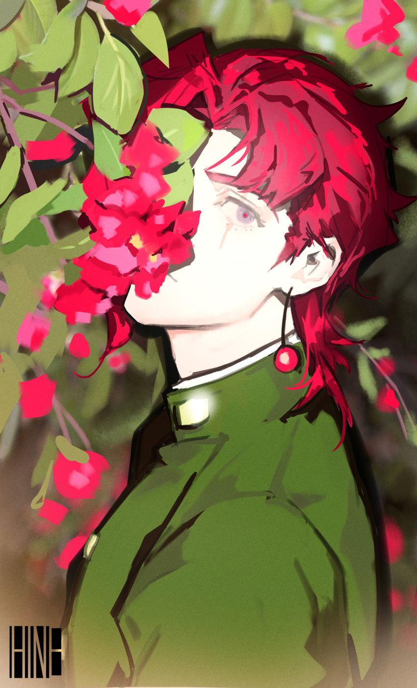 1boy, absurdres, bow, cherry_blossoms, cherry_earrings, earrings, flower, food-themed_earrings