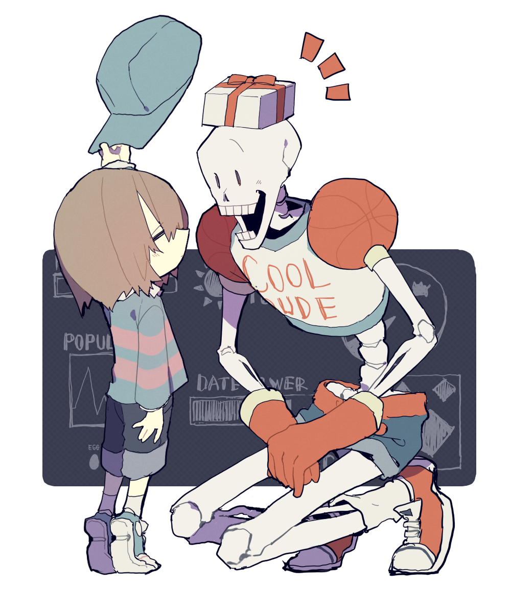 1boy, 1other, 2d, alternate_costume, ambiguous_gender, blue_shoes, blue_shorts, border