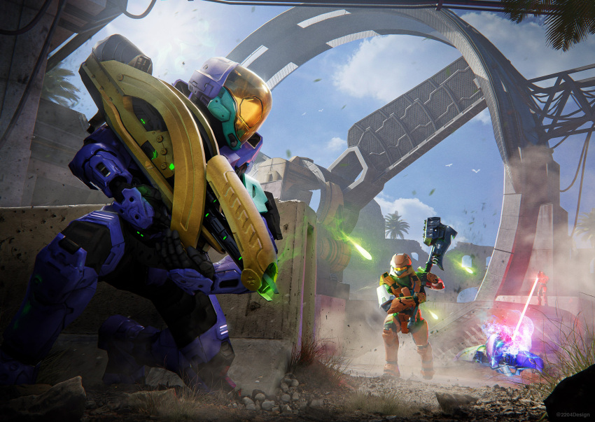 2204design, 2boys, absurdres, armor, axe, battle_axe, day, full_armor