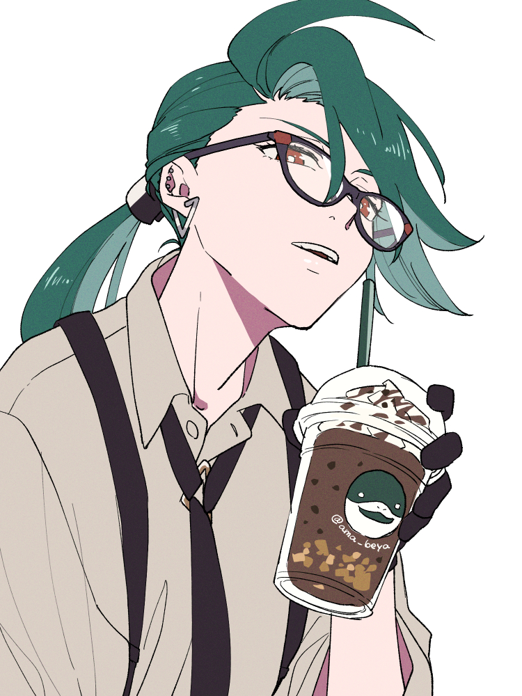 1girl, amamiya_konatsu, black-framed_eyewear, black_gloves, black_necktie, bright_pupils, collared_shirt, cup
