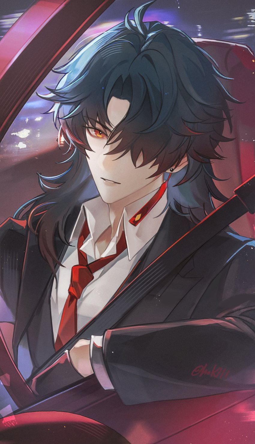 1boy, black_gloves, black_hair, black_jacket, black_vest, blade_(honkai:_star_rail), blade_(jepella_rebellion)_(honkai:_star_rail), car, chinese_commentary, commentary_request, driving, earrings, gloves, hair_between_eyes, highres, hoki11, honkai:_star_rail, honkai_(series), jacket, jewelry, layered_sleeves, long_hair, long_sleeves, looking_to_the_side, male_focus, motor_vehicle, necktie, on_car, parted_bangs, red_car, red_eyes, red_necktie, seatbelt, shirt, single_earring, solo, suit_jacket, upper_body, vest, white_shirt