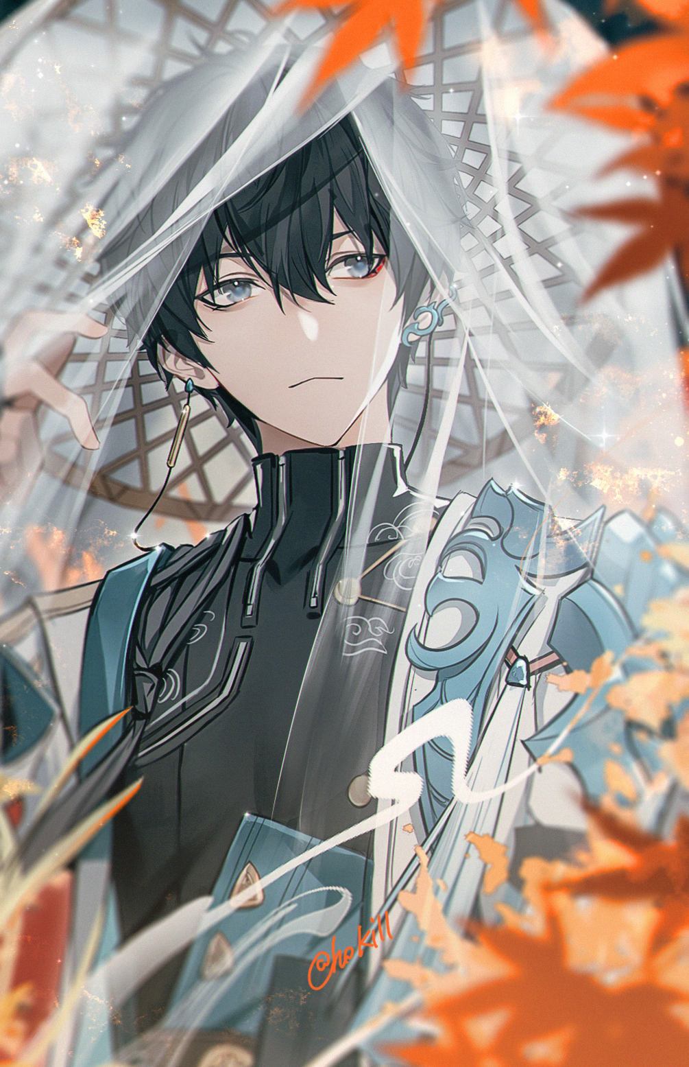 1boy, aqua_eyes, artist_name, black_hair, black_shirt, blurry, blurry_background, chinese_commentary, closed_mouth, coat, commentary_request, dan_heng_(honkai:_star_rail), dan_heng_(hunt)_(honkai:_star_rail), depth_of_field, earclip, earrings, eyeliner, hair_between_eyes, hand_up, hat, highres, hoki11, honkai:_star_rail, honkai_(series), jacket, jewelry, leaf, looking_to_the_side, makeup, male_focus, maple_leaf, open_clothes, open_coat, red_eyeliner, shirt, short_hair, sky, smile, solo, standing, tassel, turtleneck, weimao, white_jacket, zipper