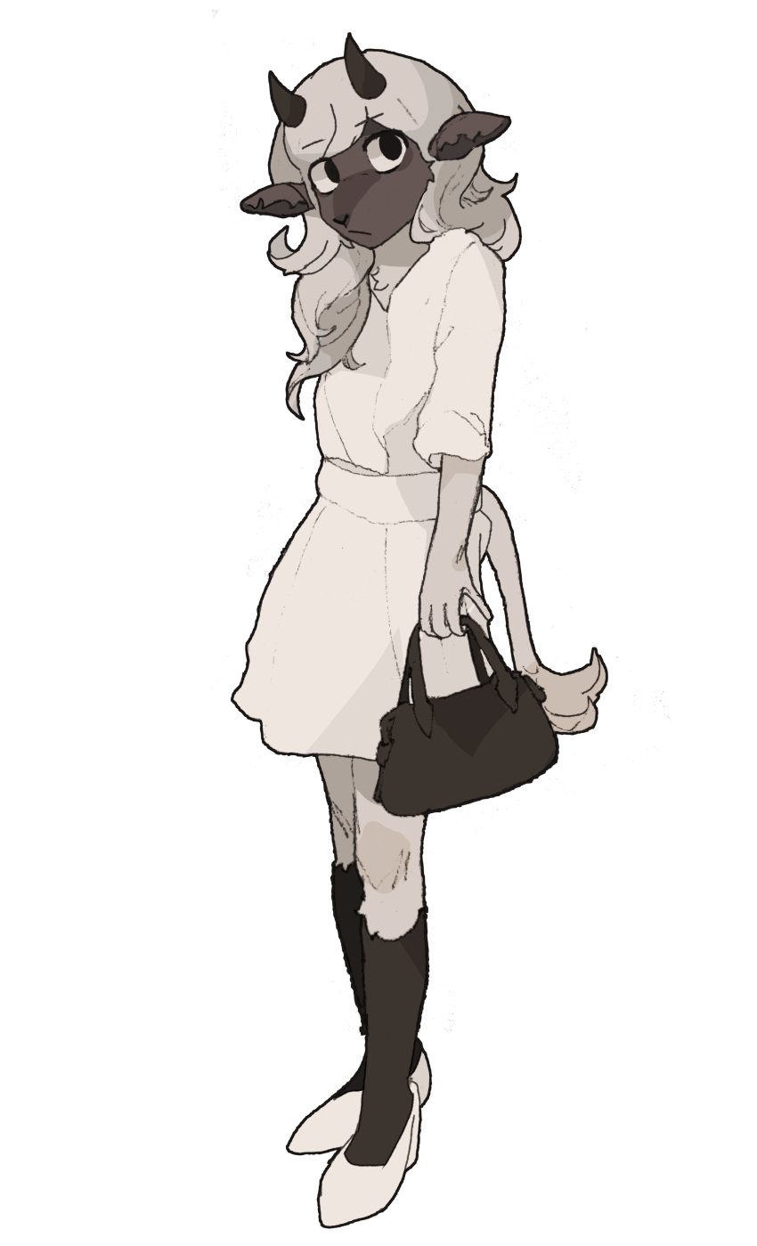 1girl, absurdres, animal_ears, bag, black_socks, dress, furry, furry_female