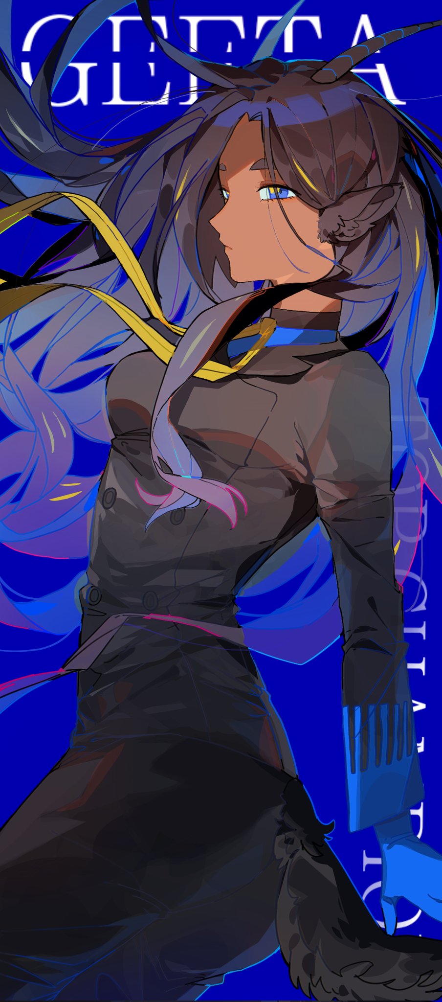 1girl, animal_ears, black_horns, black_jacket, black_pants, blue_background, blue_eyes, blue_gloves