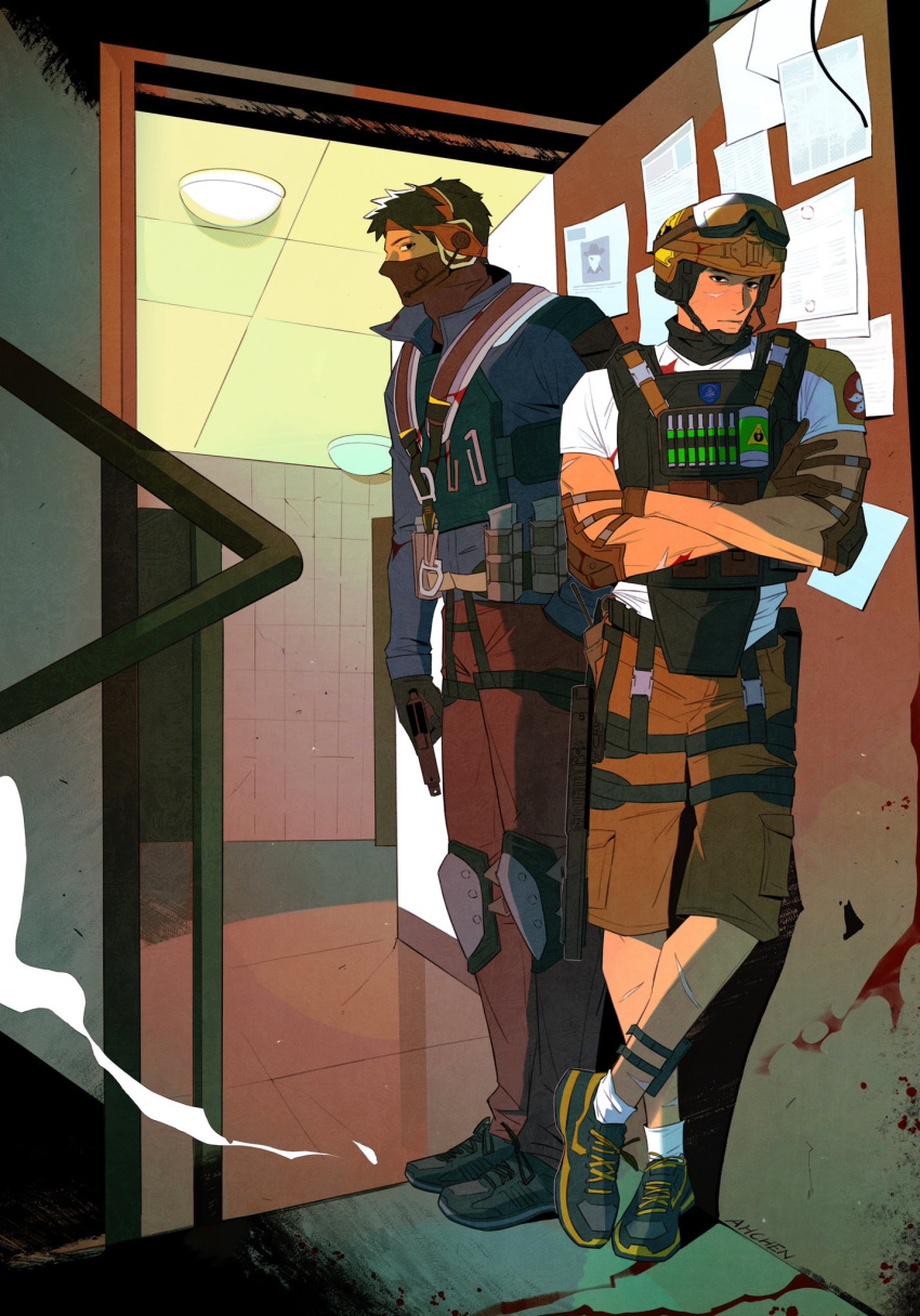 2boys, artist_name, black_eyes, black_gloves, black_hair, blue_jacket, brown_pants, bulletproof_vest