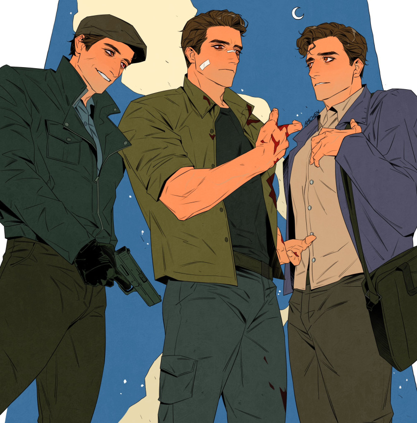 3boys, artist_name, bag, bandaid, bandaid_on_cheek, bandaid_on_face, bandaid_on_nose, black_gloves