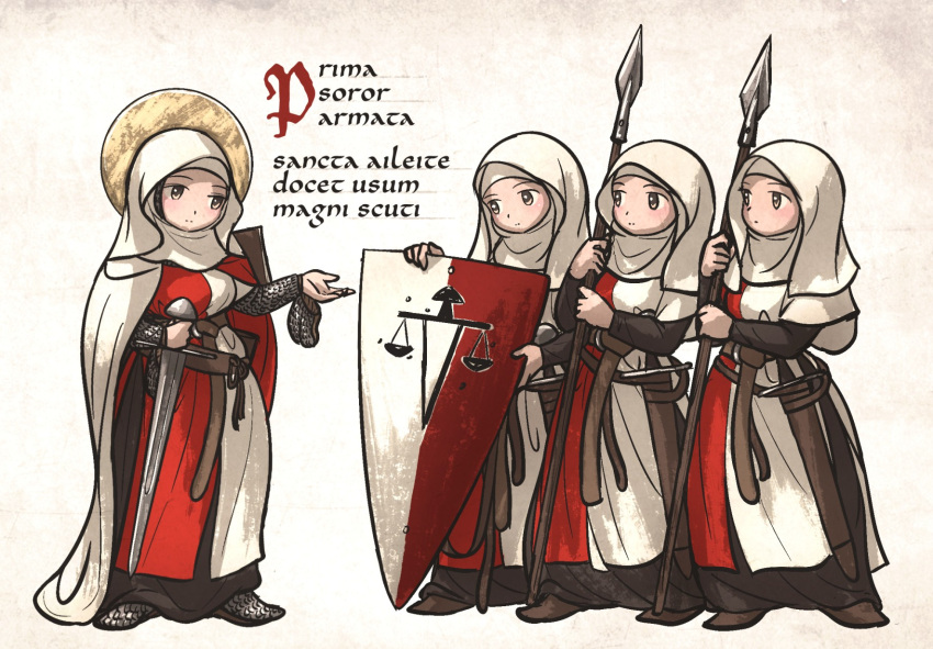 4girls, armor, armored_boots, balance_scale_print, belt, black_dress, boots, brown_belt