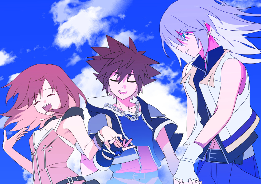 1girl, 2boys, absurdres, belt, blue_sky, brown_hair, closed_eyes, crown_necklace