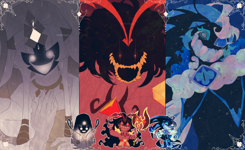 1girl, 2boys, blue_skin, burning_spice_cookie, colored_skin, cookie_run, cookie_run:_kingdom, evil_grin, evil_smile, grin, highres, long_hair, looking_at_viewer, lovelyshiz, multiple_boys, mystic_flour_cookie, pale_skin, red_skin, robe, shadow_milk_cookie, sharp_teeth, slit_pupils, smile, teeth, veil, white_hair, white_robe, white_veil