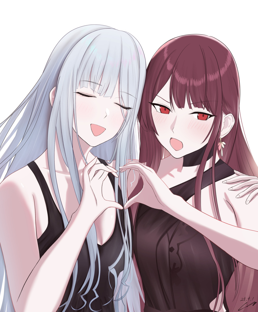 2girls, absurdres, ak-12_(girls'_frontline), alternate_costume, artist_name, bare_shoulders, black_dress, blush