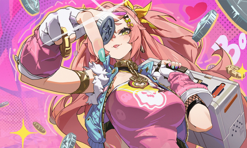 1girl, armlet, blue_nails, bow, breasts, coin, collar, commentary_request