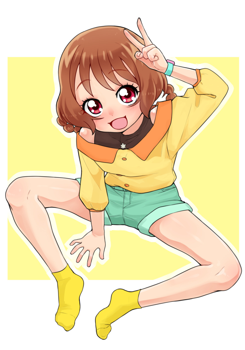 1girl, :d, arm_support, arm_up, bare_legs, black_undershirt, blush, border
