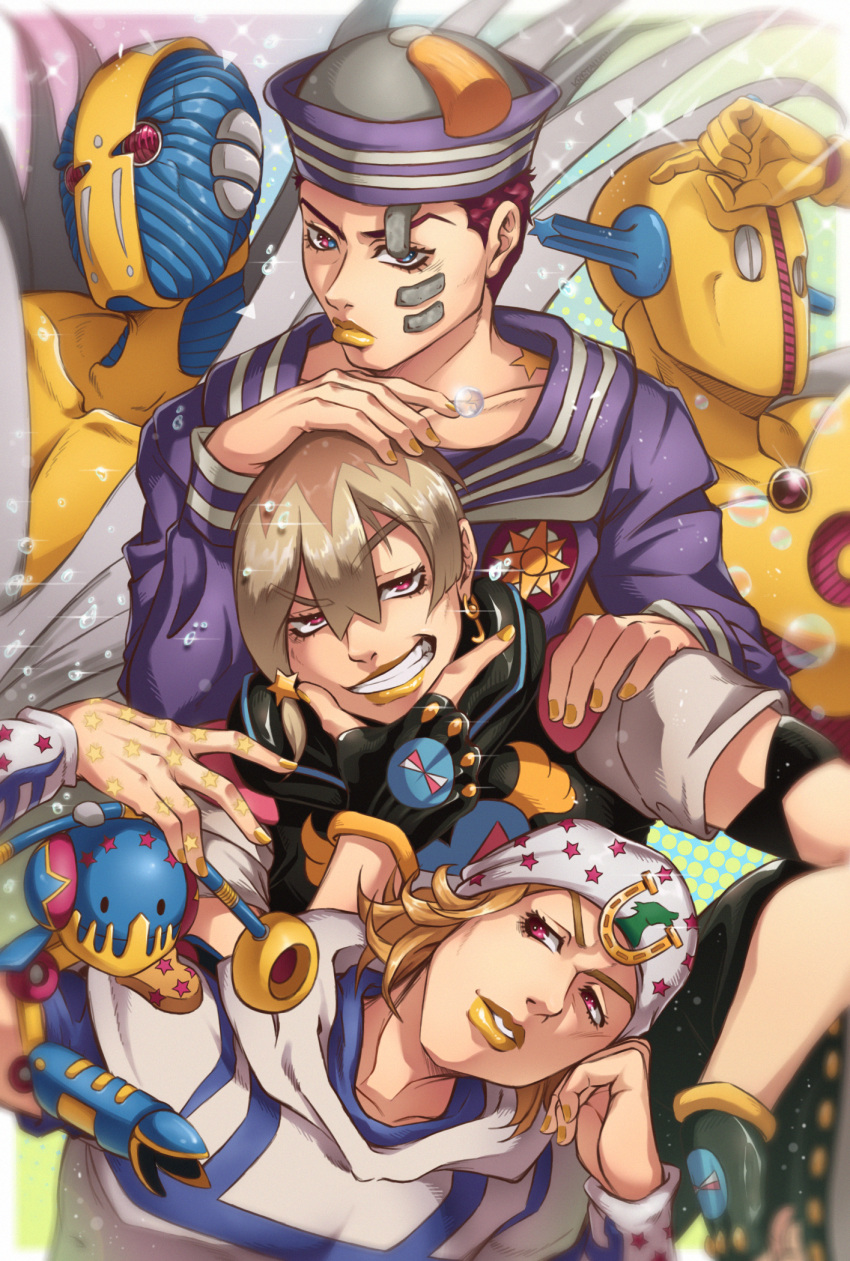 3boys, 3others, beanie, birthmark, black_gloves, black_hoodie, blonde_hair, blue_eyes