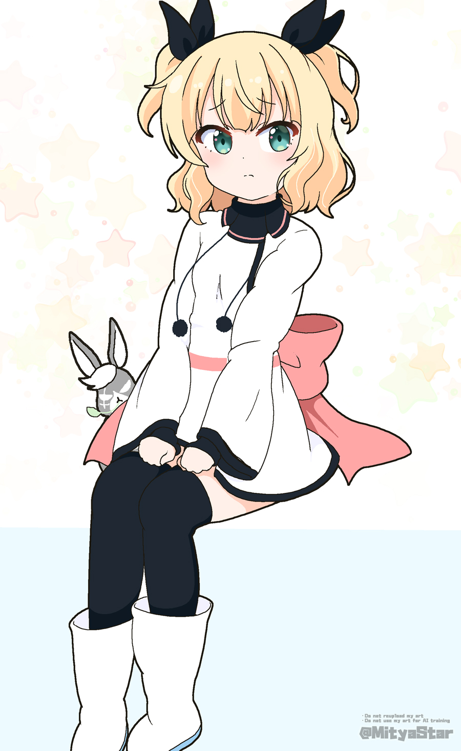 1girl, animal, black_ribbon, black_thighhighs, blonde_hair, blue_background, blush, boots